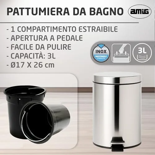 Amig Linea pattumiera bagno a pedale 3 L inox lucido rotonda