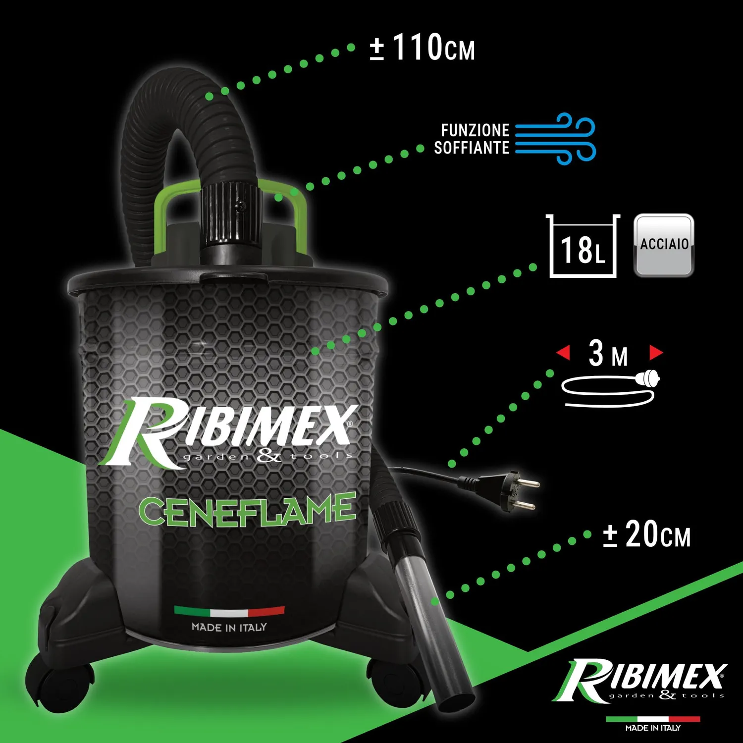 Ribimex Ceneflame Aspiracenere 18 L 1200 W Soffiante