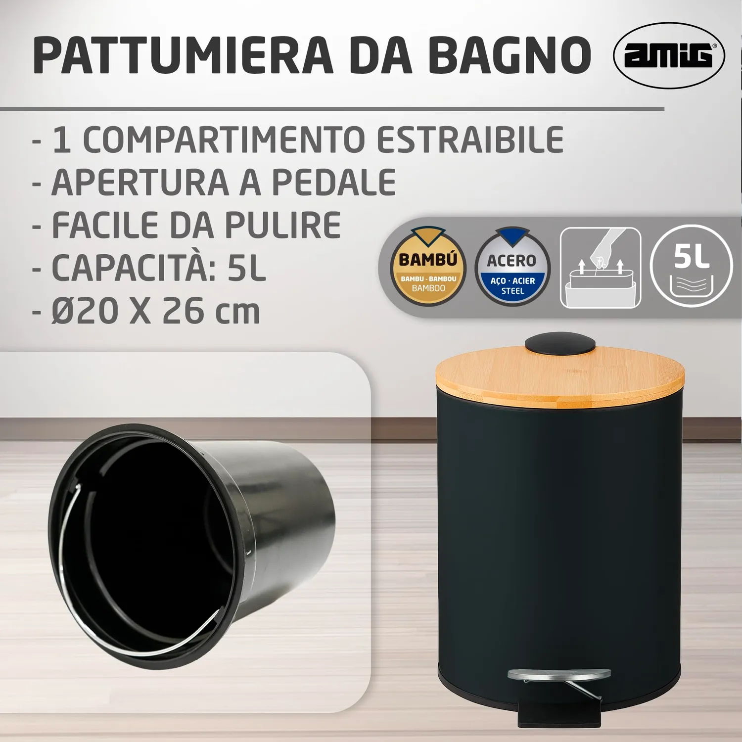 Amig Naturline Pattumiera Bagno 5 L Nera Pedale Bambu