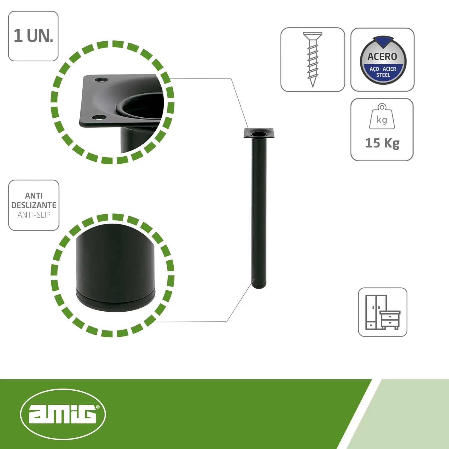 Amig 21769 Gamba Tavolo Rotonda Nera 30x600 mm Acciaio