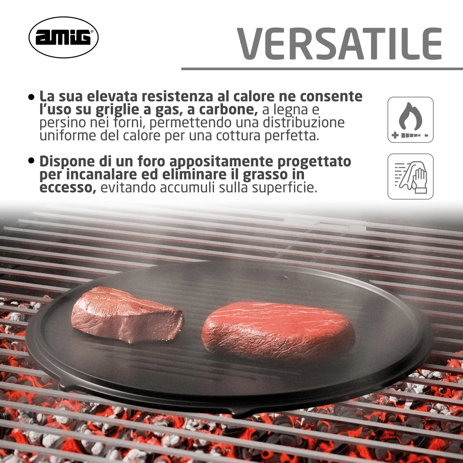 Amig AM37 piastra ghisa rotonda 31 cm scanalata barbecue