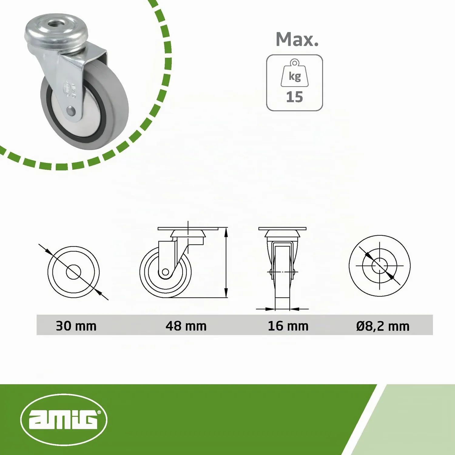 Amig 2504 Ruote Mobili 30 mm 4 Pezzi Grigio Gomma 15 kg