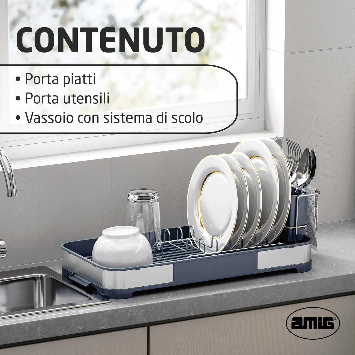 Amig Siba Mini scolapiatti grigio 7 piatti acciaio
