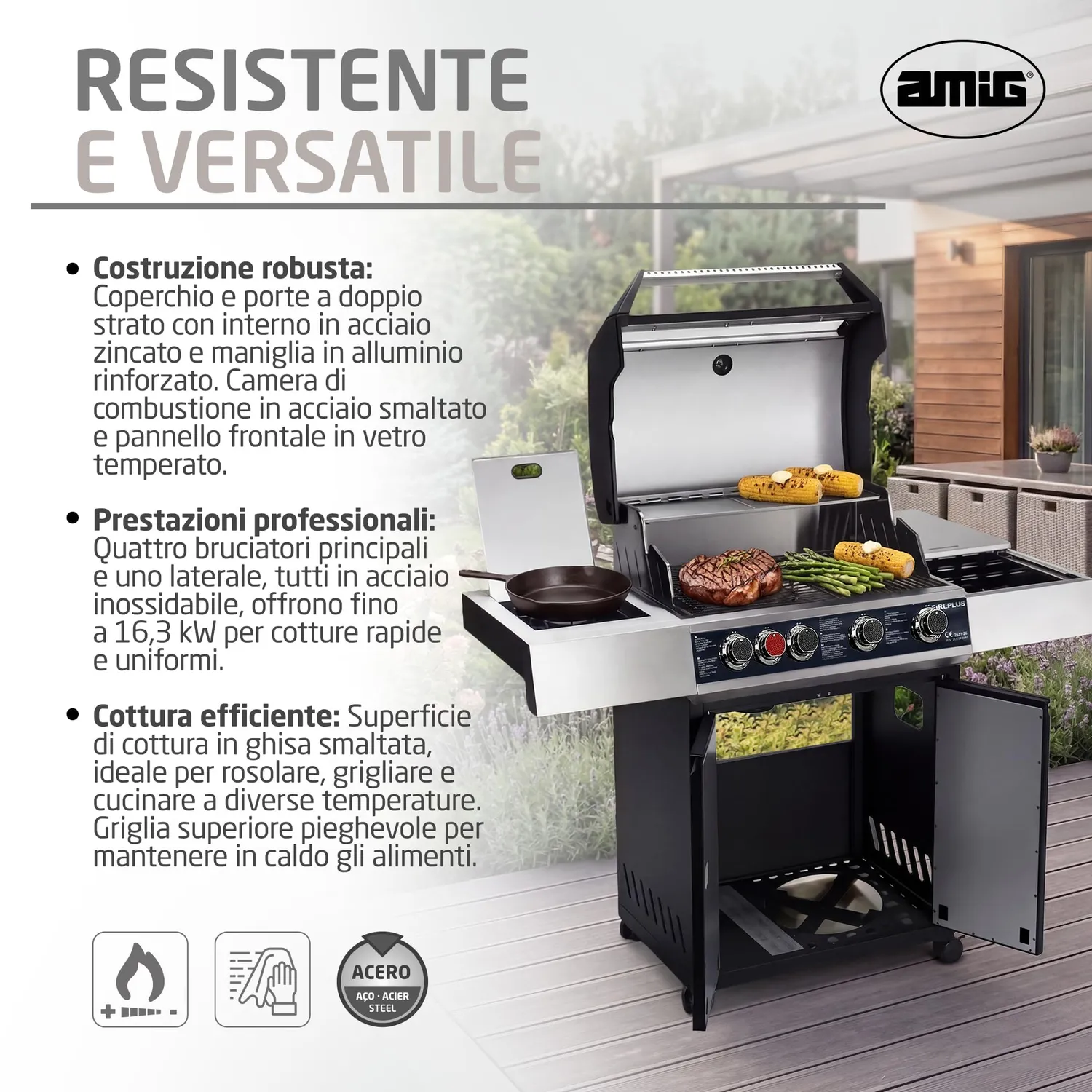 Amig Fireplus GRILL-2 5F Barbecue Gas XXL Nero Ghisa