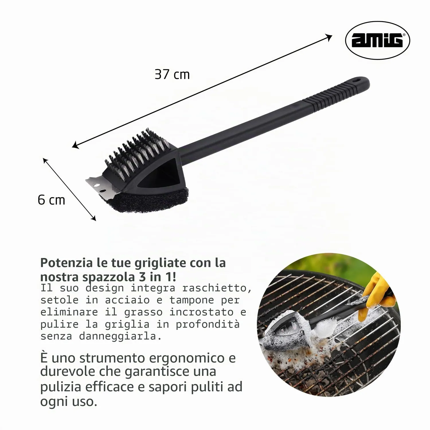 Amig AM20 Spazzola Griglia 3 in 1 37x6 cm Inox