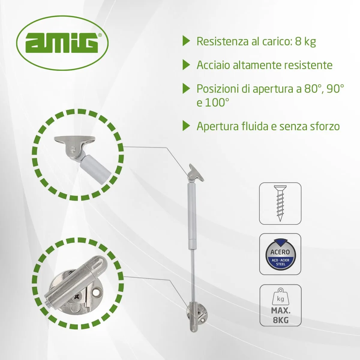 Amig compasso gas ante 8 kg pistone acciaio argento ribalta
