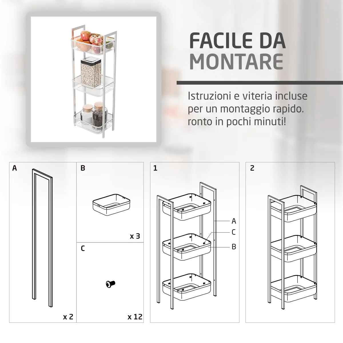 Amig Mobile Organizzatore 3 Cesti 33x25x85 cm Bianco