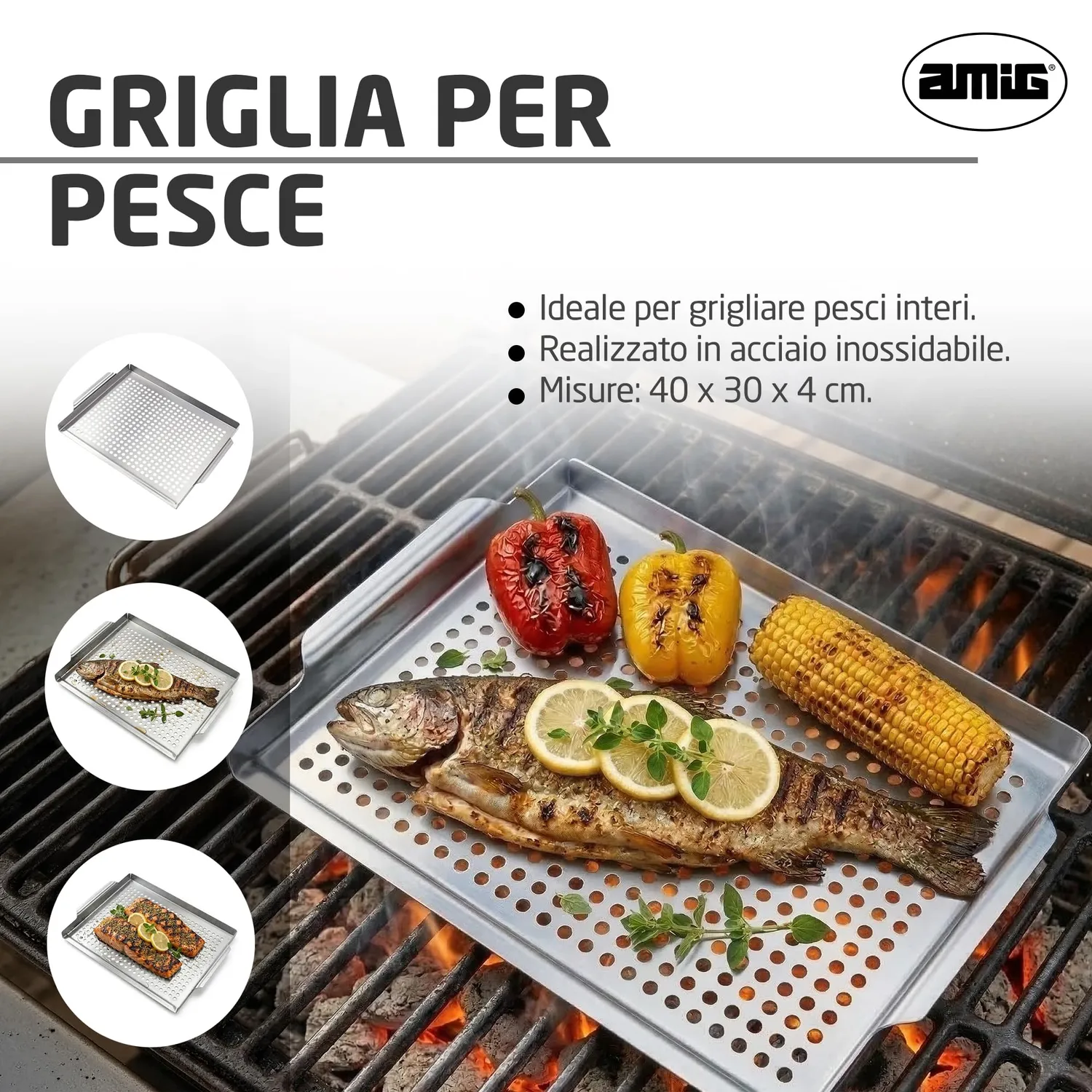 Amig AM08 piastra griglia pesce acciaio inox 40x30