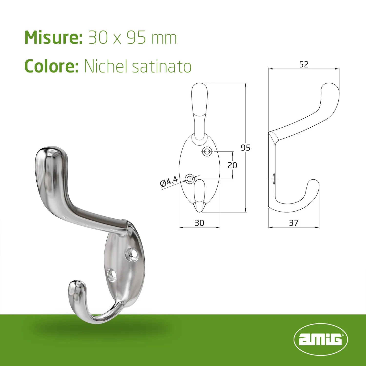 Amig CS32 appendiabiti da parete nichel 2 ganci