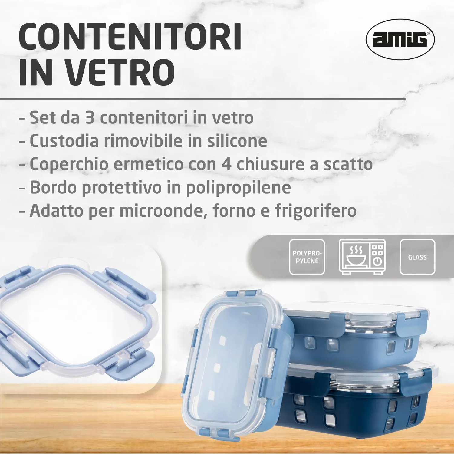 Amig 800 Set 3 Contenitori Vetro Ermetici 370-1050 ml