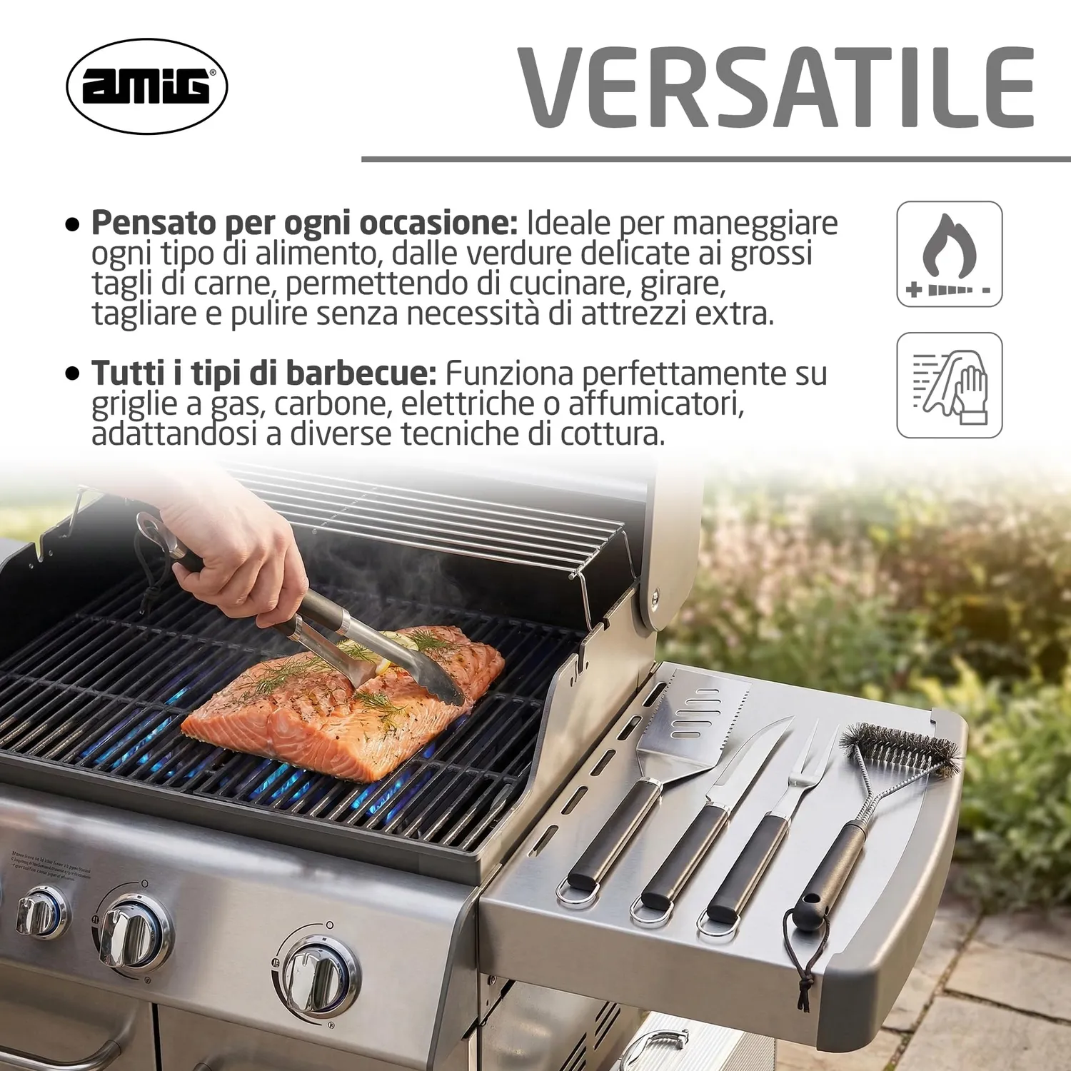 Amig AM01 set utensili barbecue 5 pezzi acciaio inox