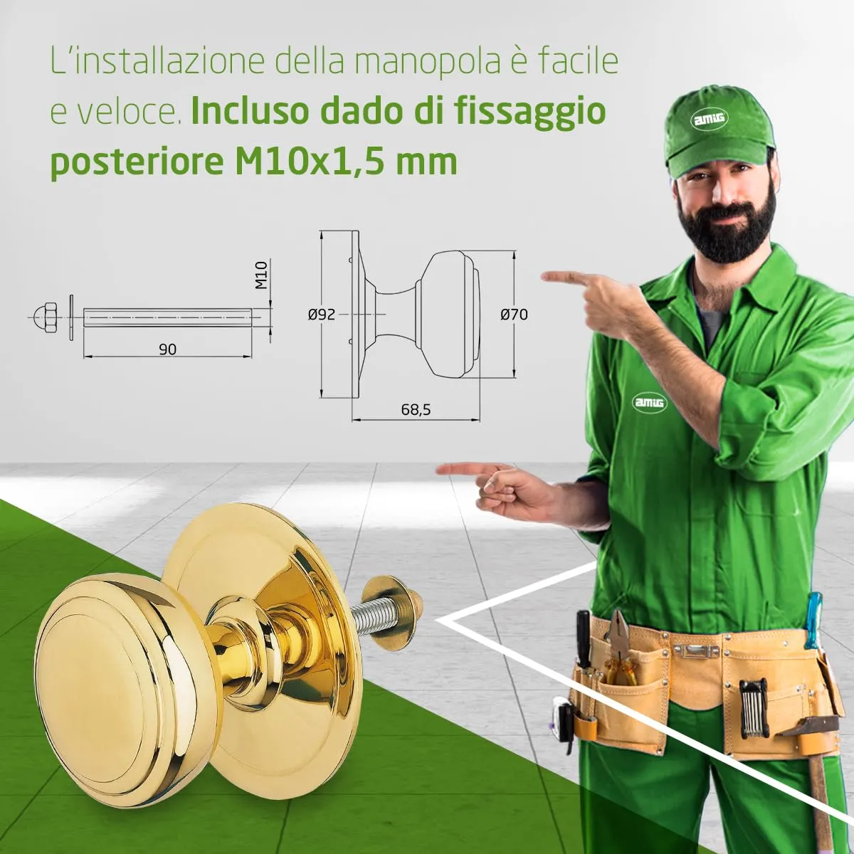 Amig Mod 12 pomello porta ottone lucido D70 mm