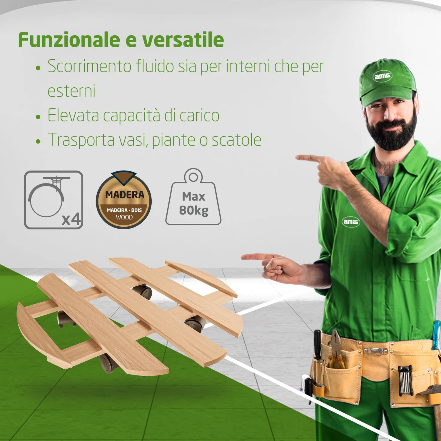 Amig Sottovaso con ruote legno pino Ø35 cm 80 kg
