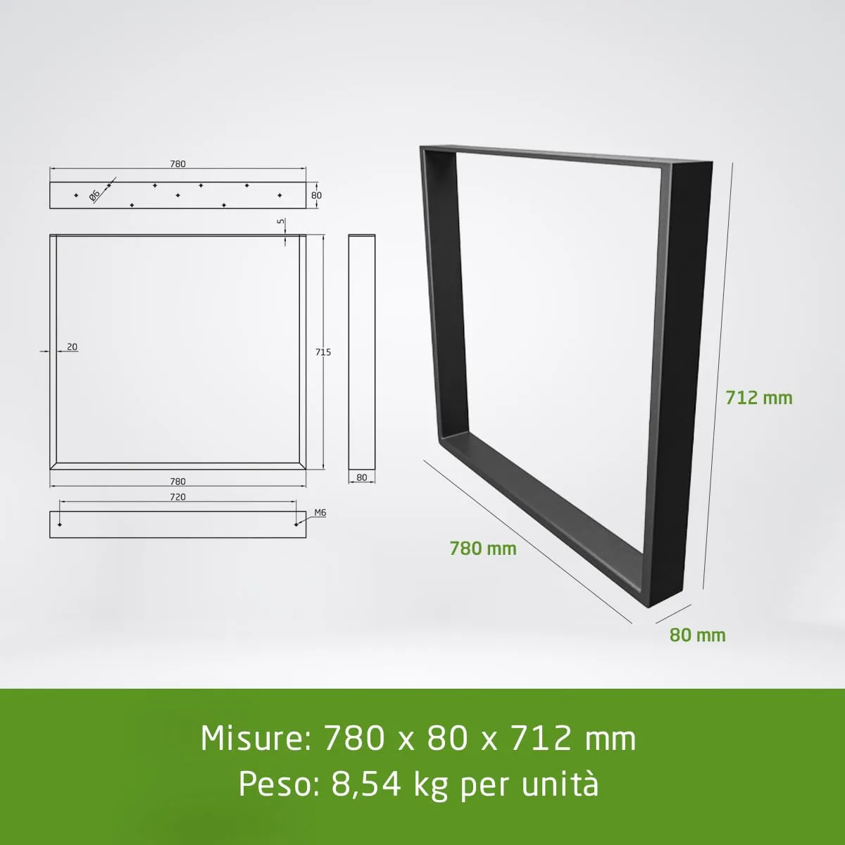 Amig 2400 gambe tavolo in acciaio nero set 2