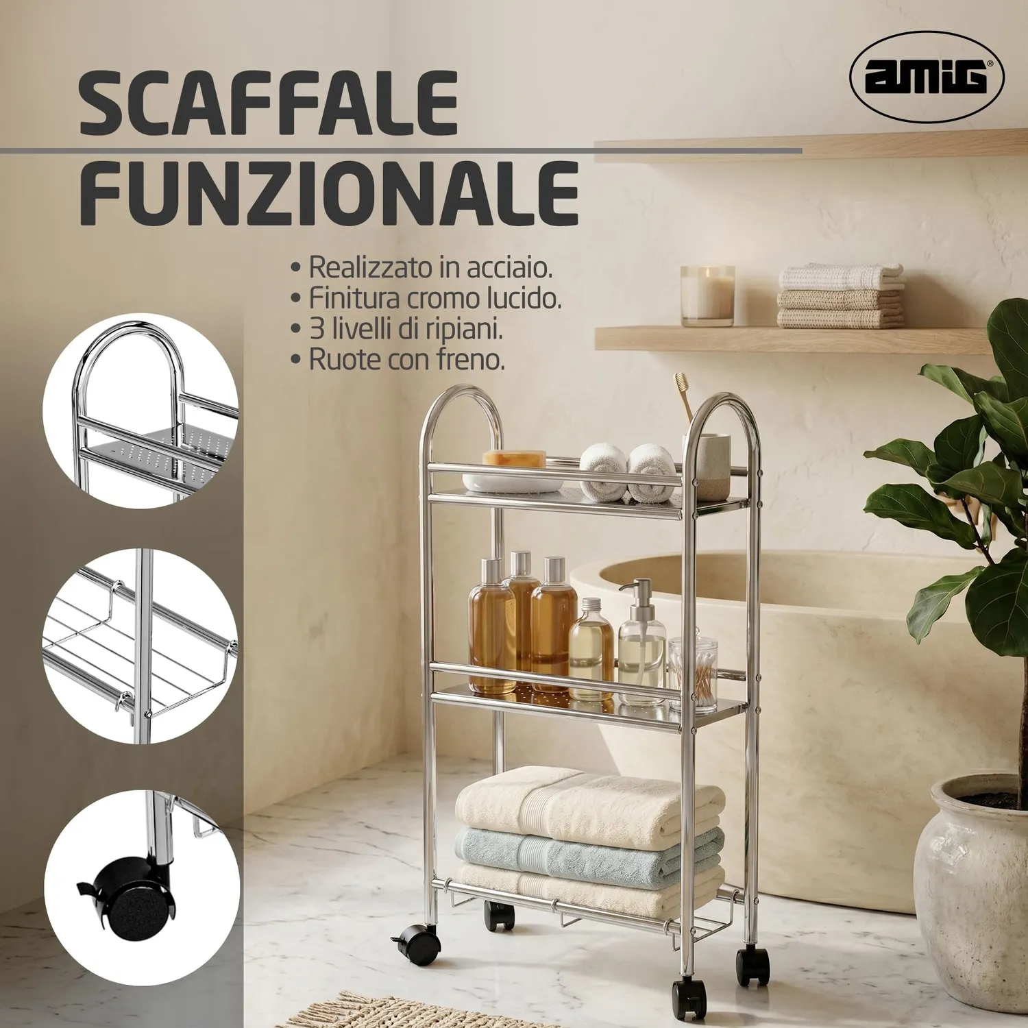 Amig Brisa carrello bagno stretto 3 ripiani con ruote