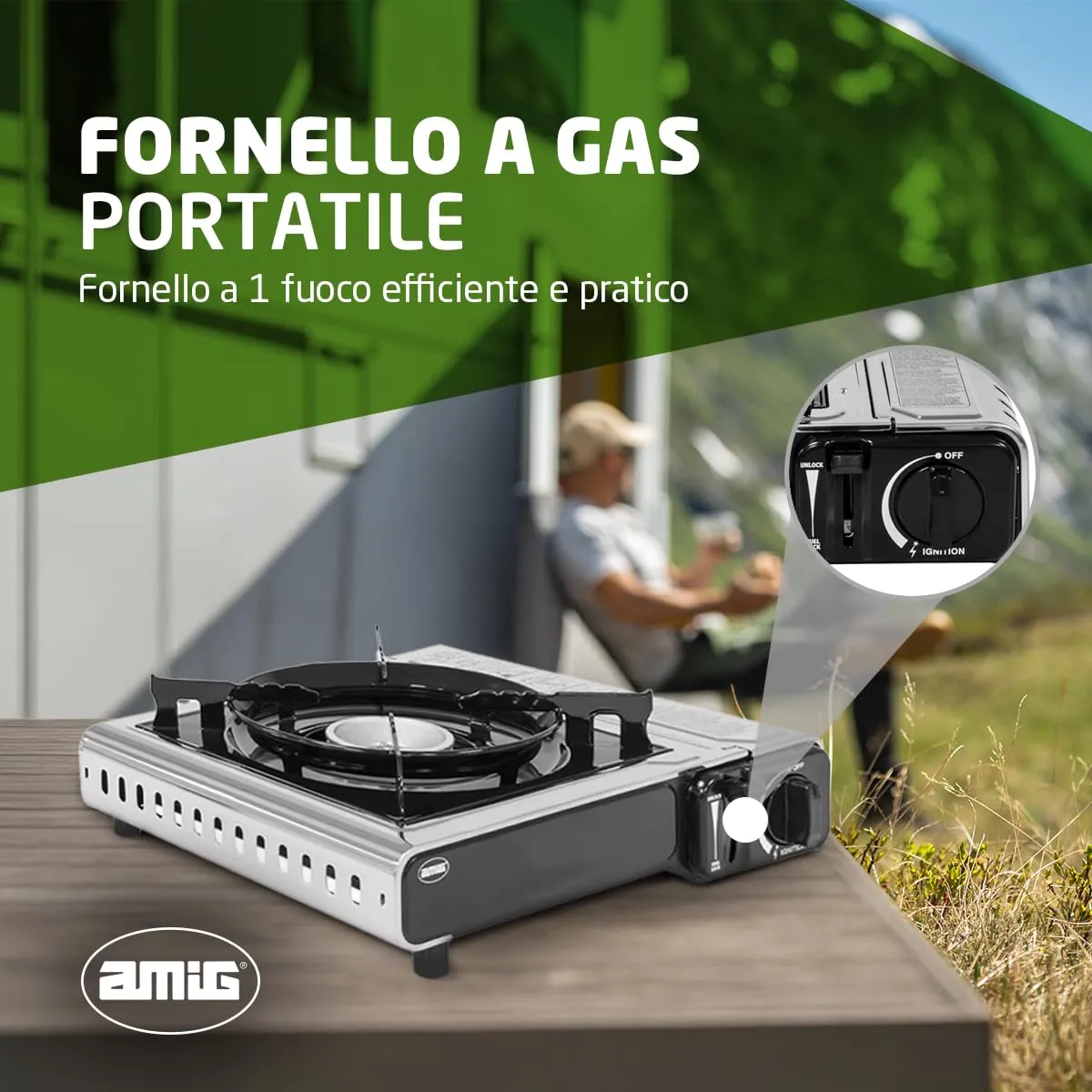 Amig CAMP01 Fornello Campeggio Gas 2,2 kW con Valigetta