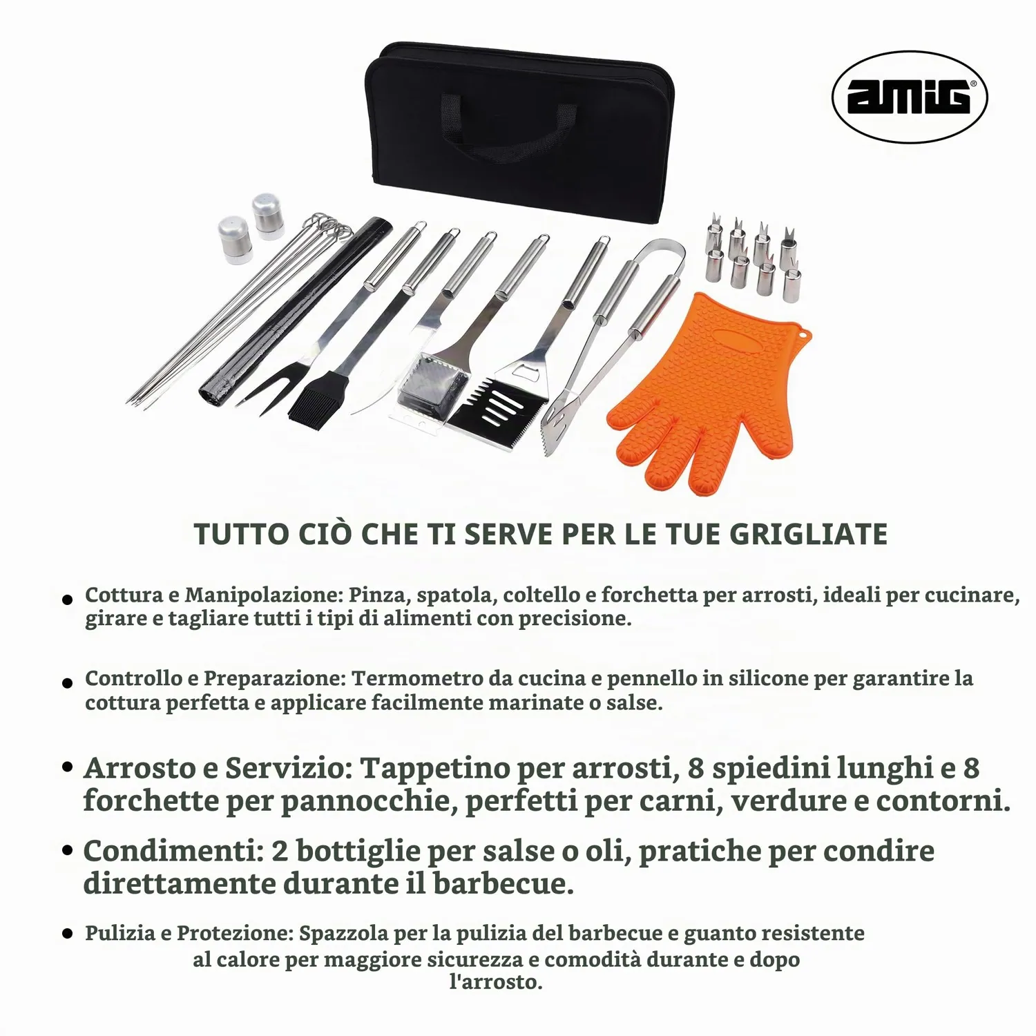 Amig AM18 Kit 28 Accessori Barbecue Inox in Valigetta