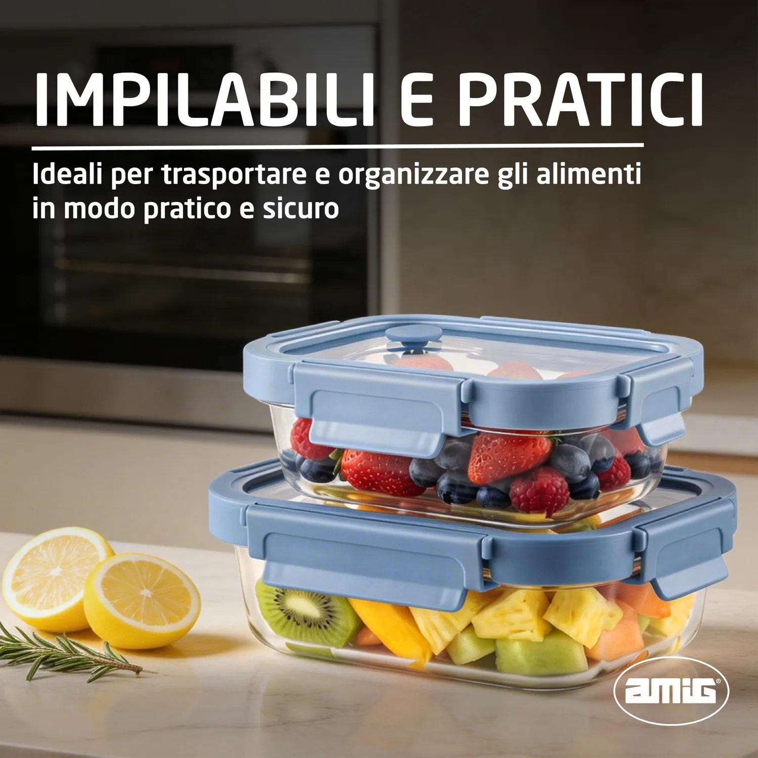 Amig 900 set 2 contenitori vetro 370+640 ml ermetici