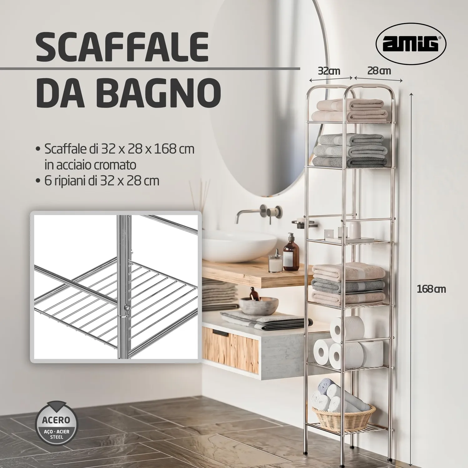Amig Brisa Scaffale Bagno Acciaio 6 Ripiani Argento