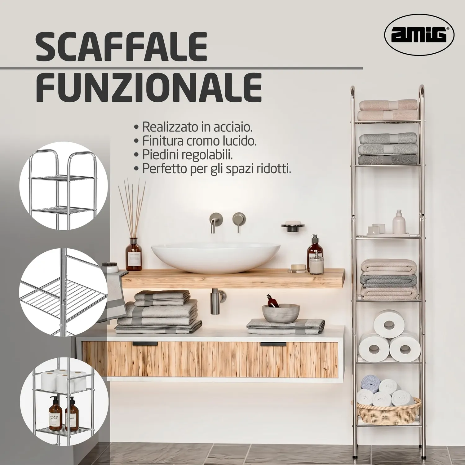 Amig Brisa Scaffale Bagno Acciaio 6 Ripiani Argento
