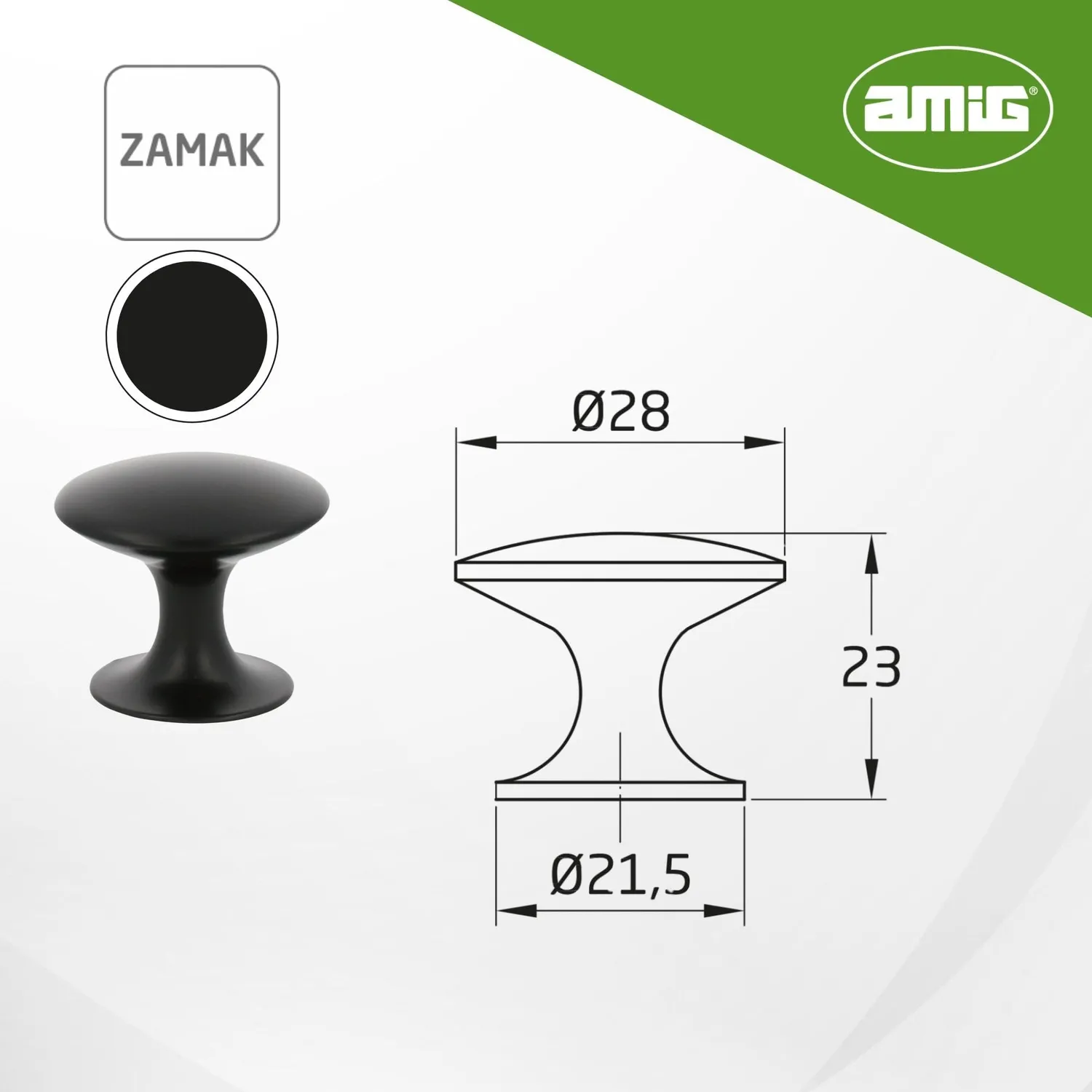 Amig 805 Pomelli Mobili Nero Opaco Ø24 mm 10 Pezzi Zamak