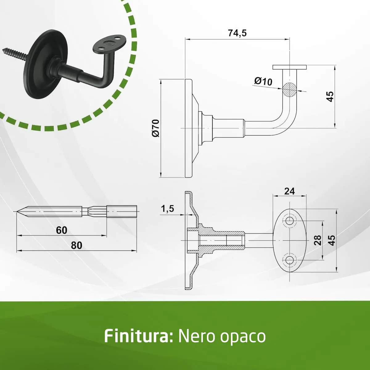 Amig Supporto Corrimano Nero Acciaio 70x75x45 mm