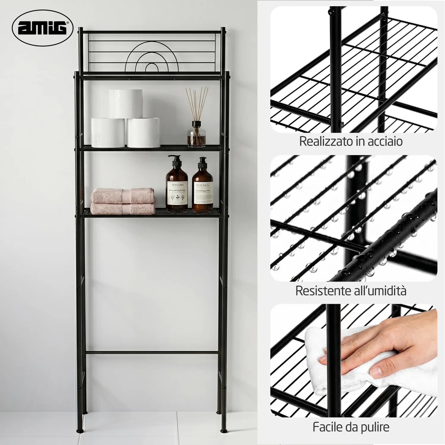 Amig Oria mensola bagno sopra WC 3 ripiani nera