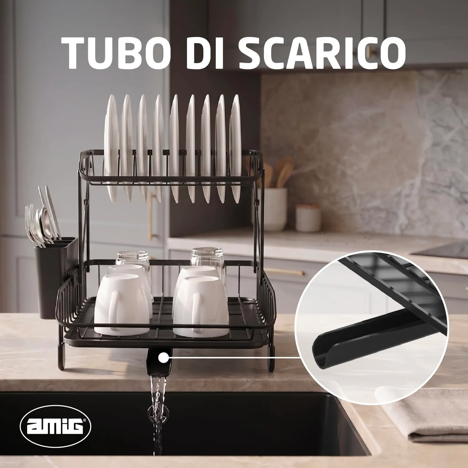 Amig Torn Scolapiatti Pieghevole 2 Piani Nero 44x32 cm