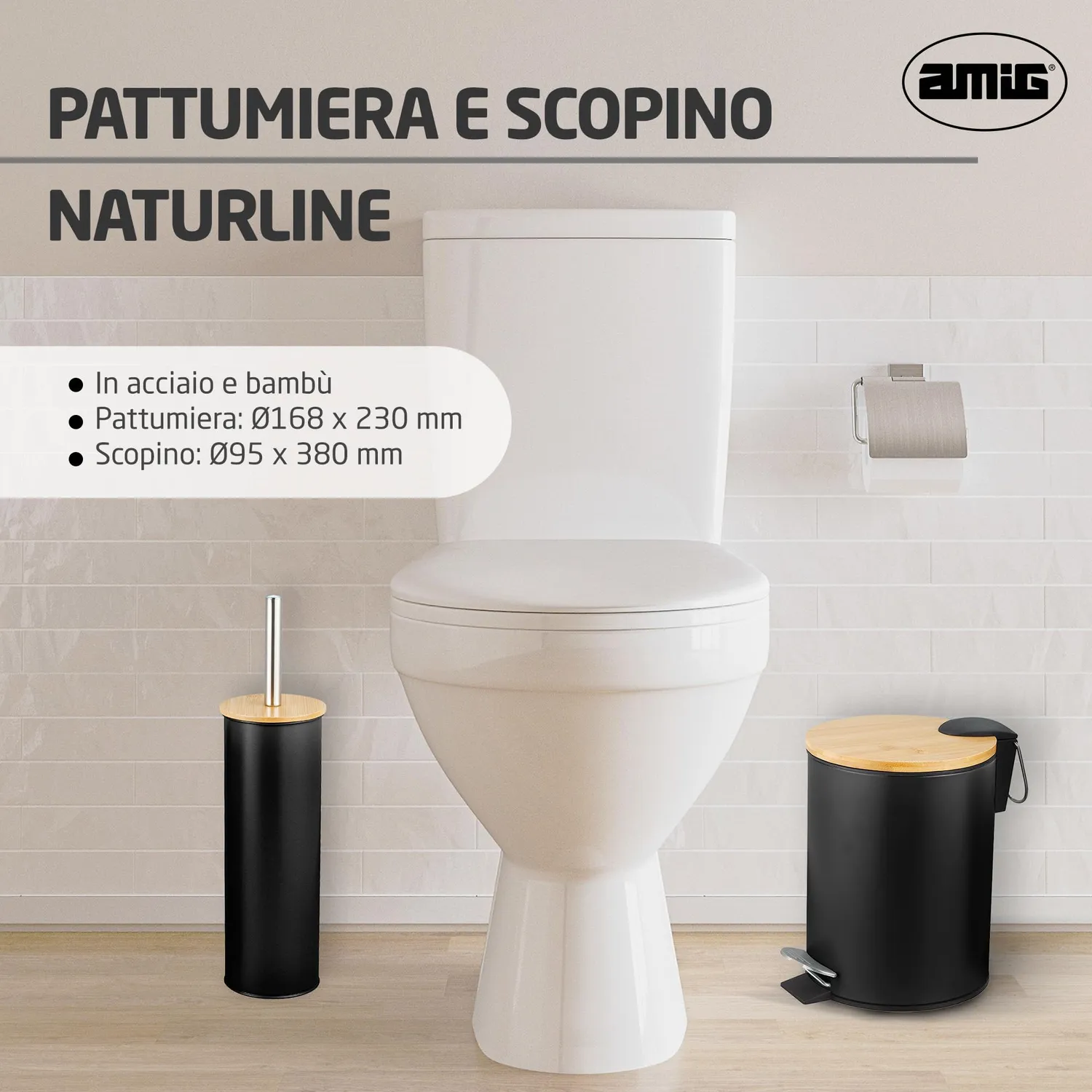Amig Naturline set bagno nero acciaio e bambu