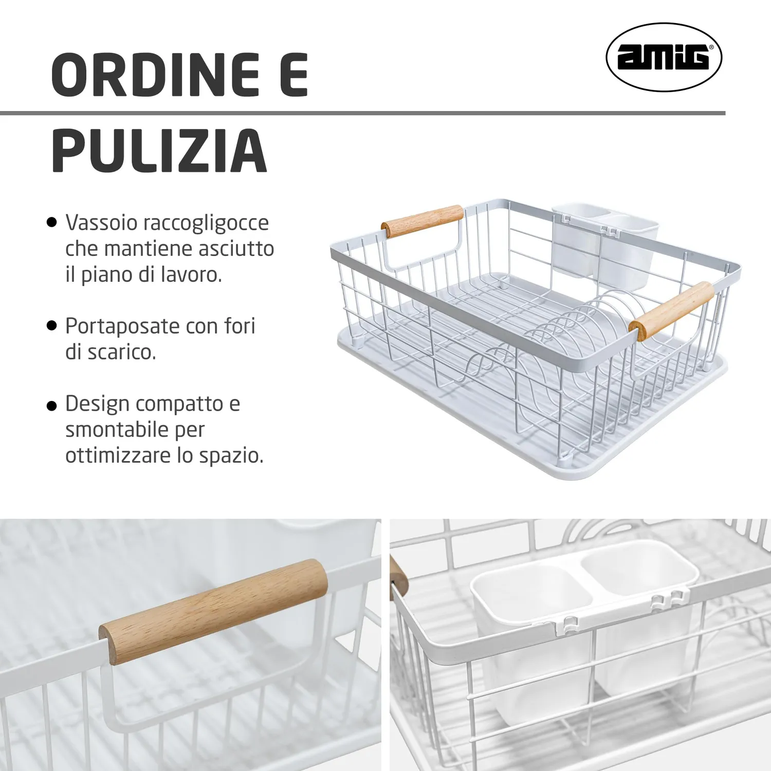 Amig Graz Scolapiatti Bianco 42 cm con Vassoio 10 Piatti