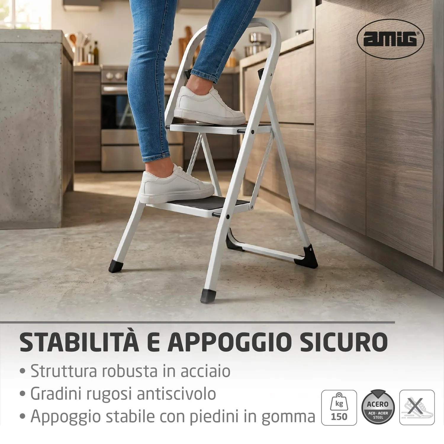 Amig scala pieghevole 2 gradini acciaio bianca 150 kg
