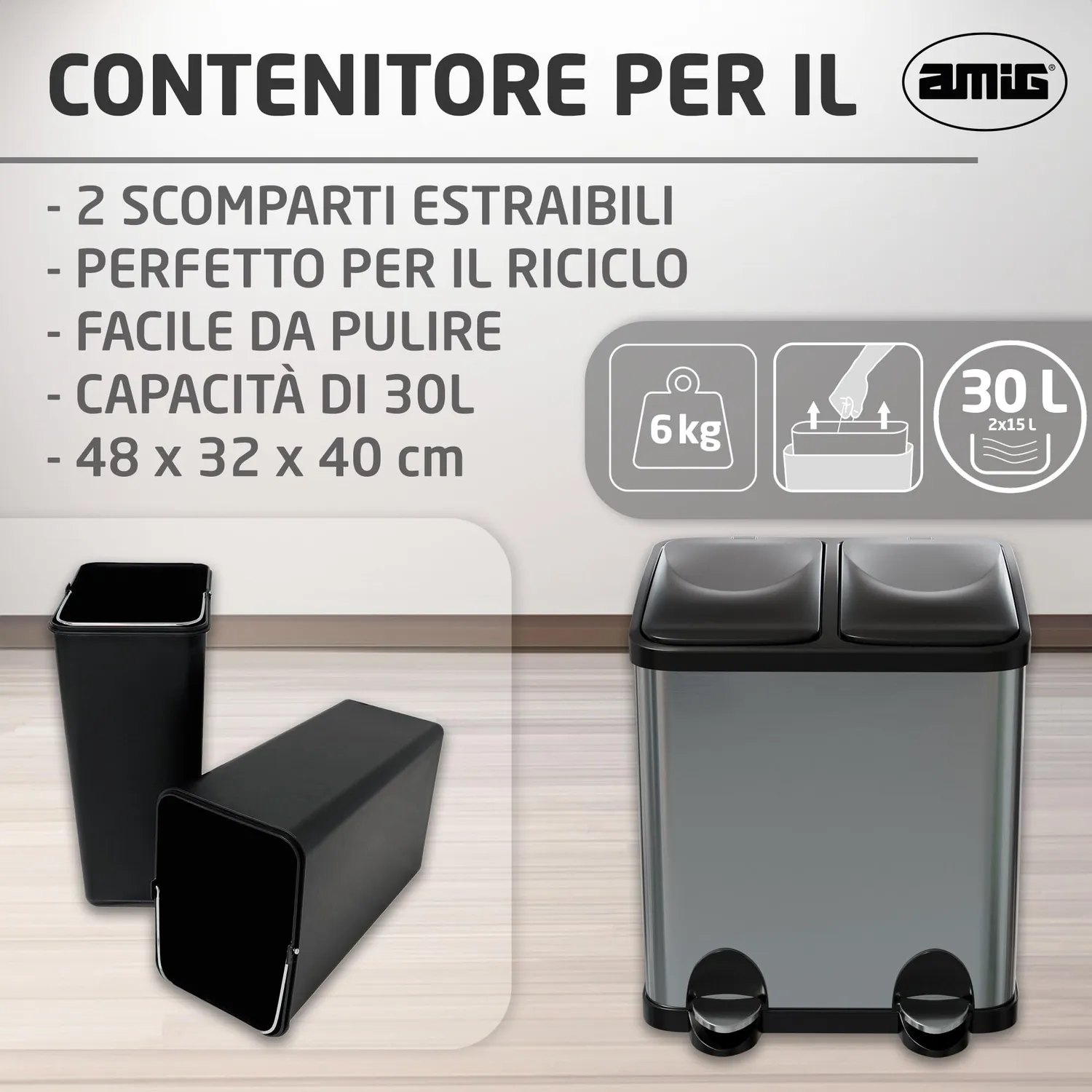 Amig Recik2 Pattumiera Doppia Pedale 2x15 L Inox Anti-impronta