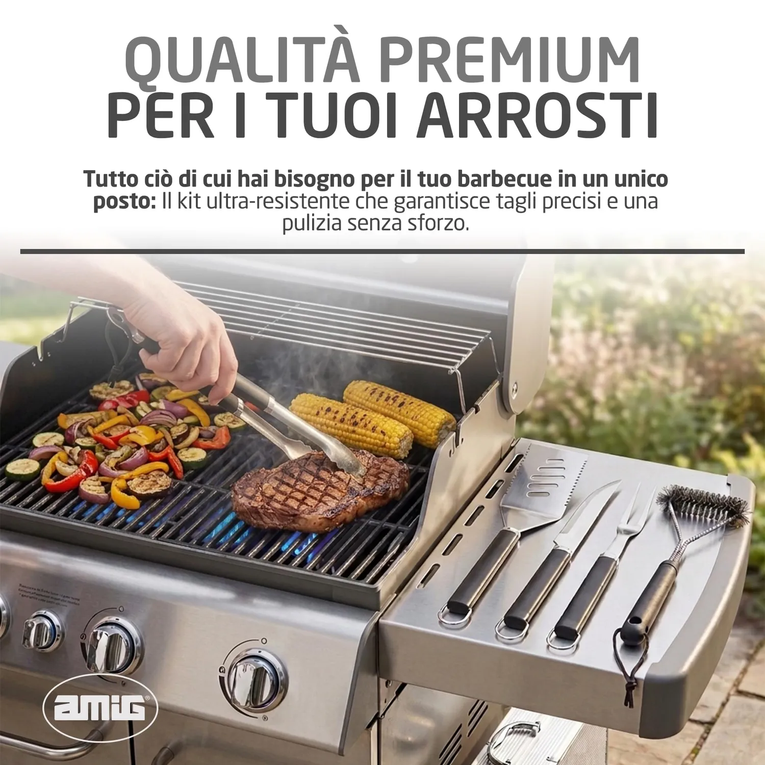 Amig AM01 set utensili barbecue 5 pezzi acciaio inox