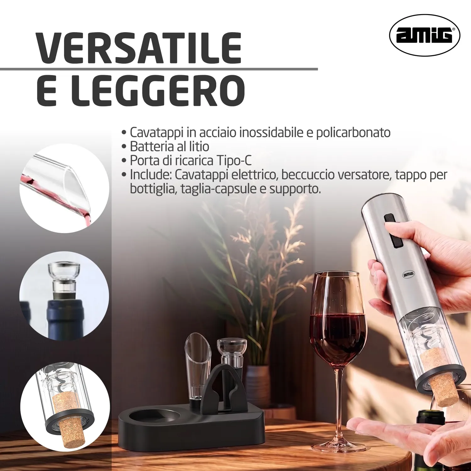Amig Set Cavatappi Elettrico Ricaricabile Tipo C