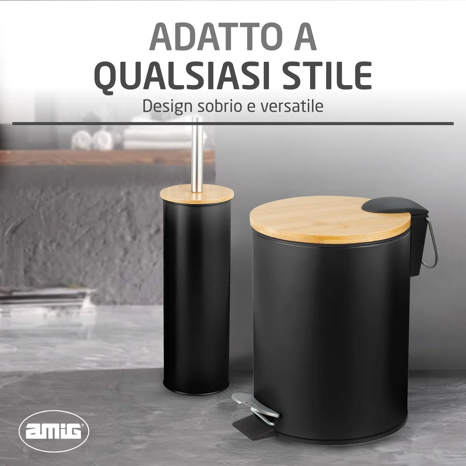 Amig Naturline set bagno nero acciaio e bambu