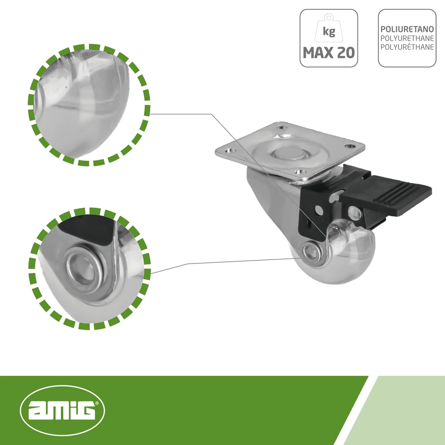 Amig 2571 Ruota con Freno Ø30 mm 20 kg Trasparente