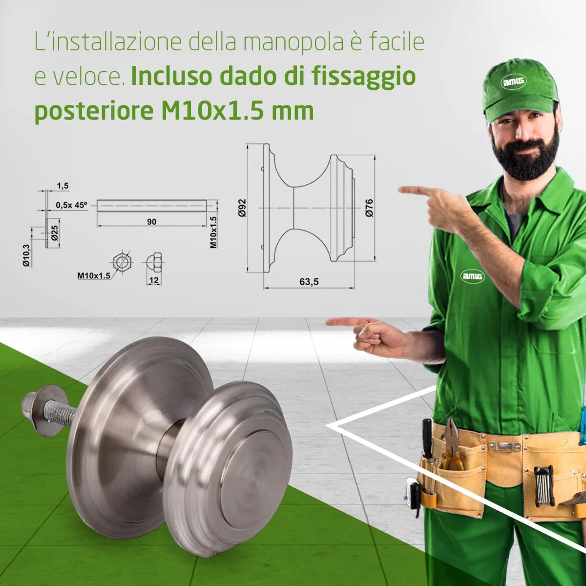 Amig pomello porta ottone Ø76 mm cromo opaco massiccio