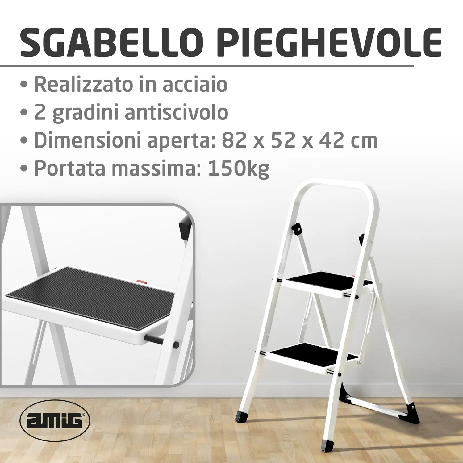 Amig scala pieghevole 2 gradini acciaio bianca 150 kg