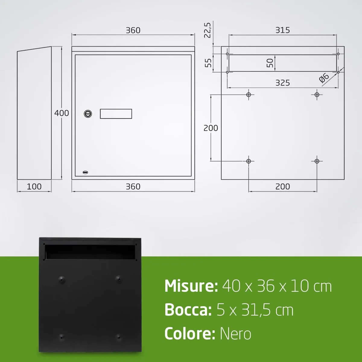 Amig cassetta postale nera acciaio 40x36x10 cm
