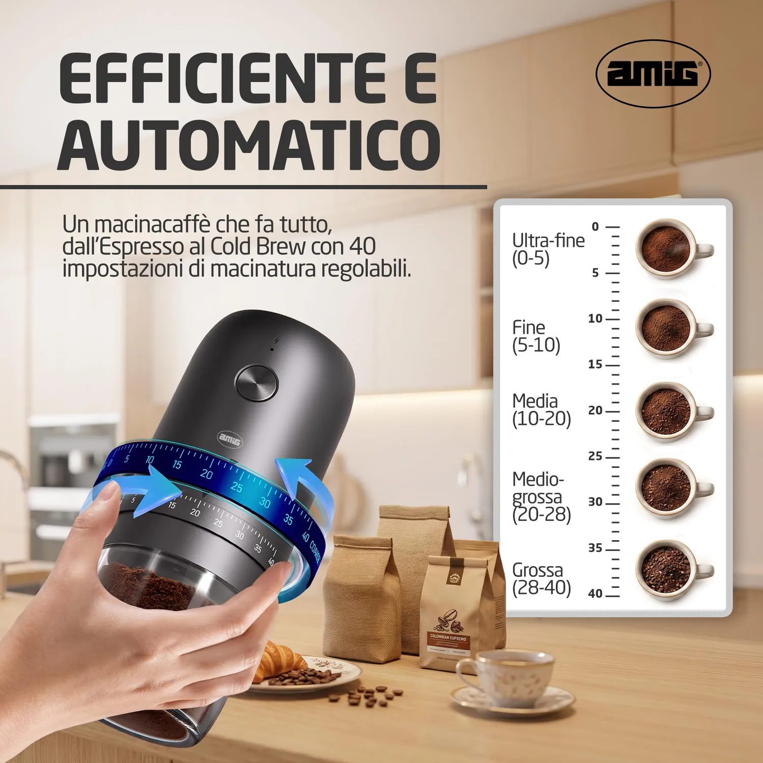 Amig macinacaffè elettrico USB-C portatile 40 livelli