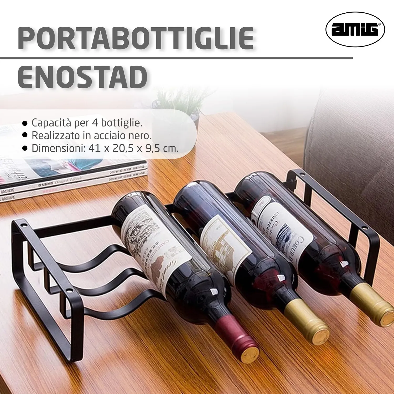 Amig Portabottiglie Acciaio Nero 4 Bottiglie 41x20,5 cm