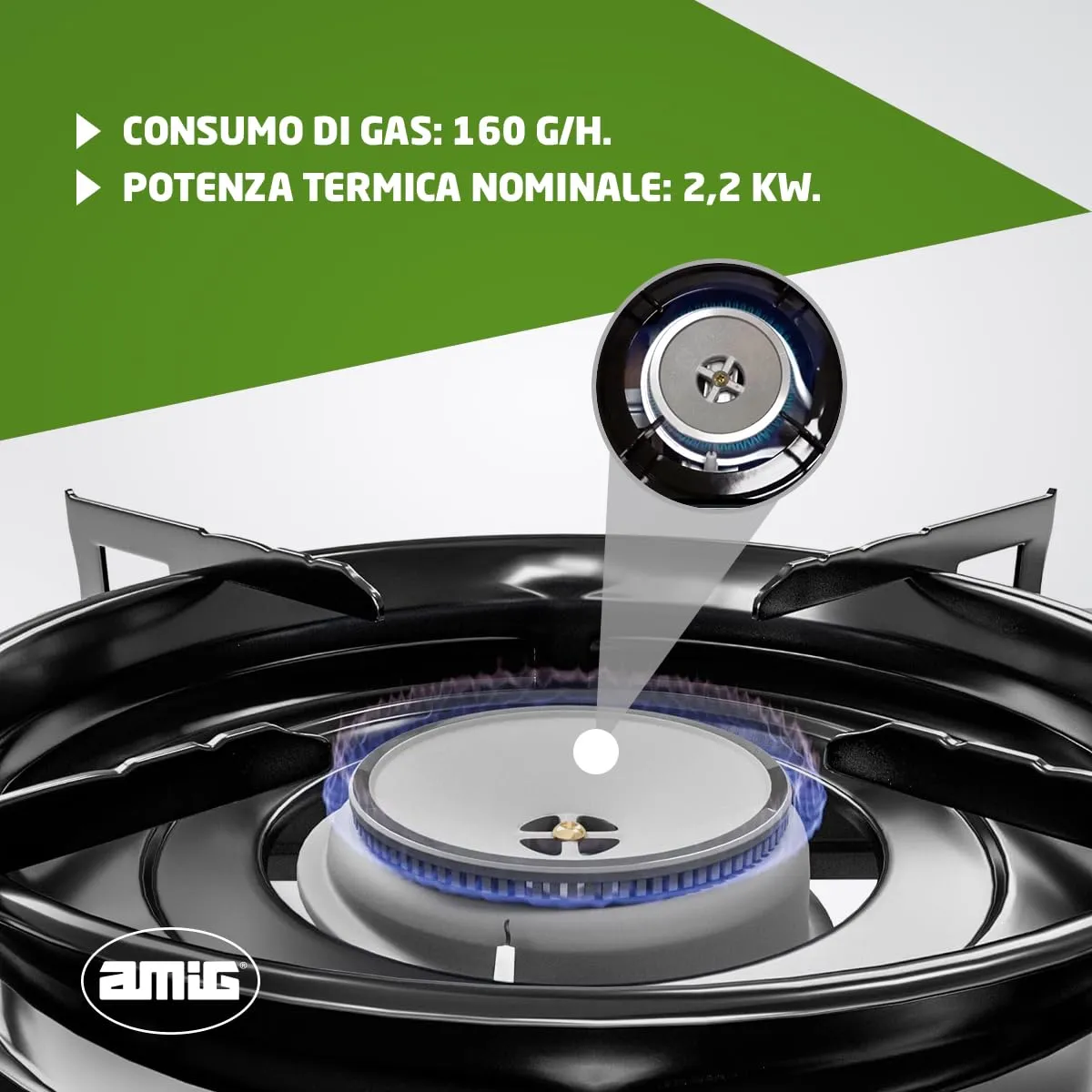 Amig CAMP01 Fornello Campeggio Gas 2,2 kW con Valigetta