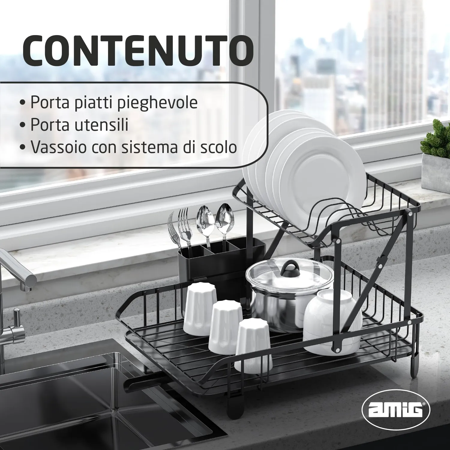 Amig Torn Scolapiatti Pieghevole 2 Piani Nero 44x32 cm