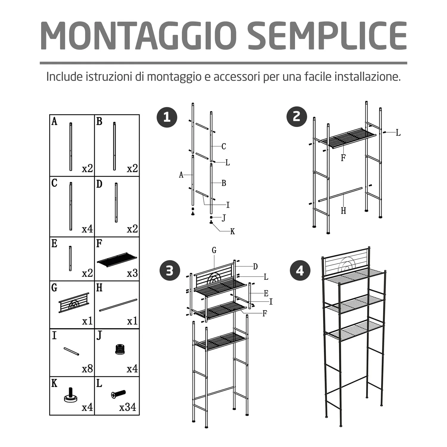 Amig Oria mensola bagno sopra WC 3 ripiani nera