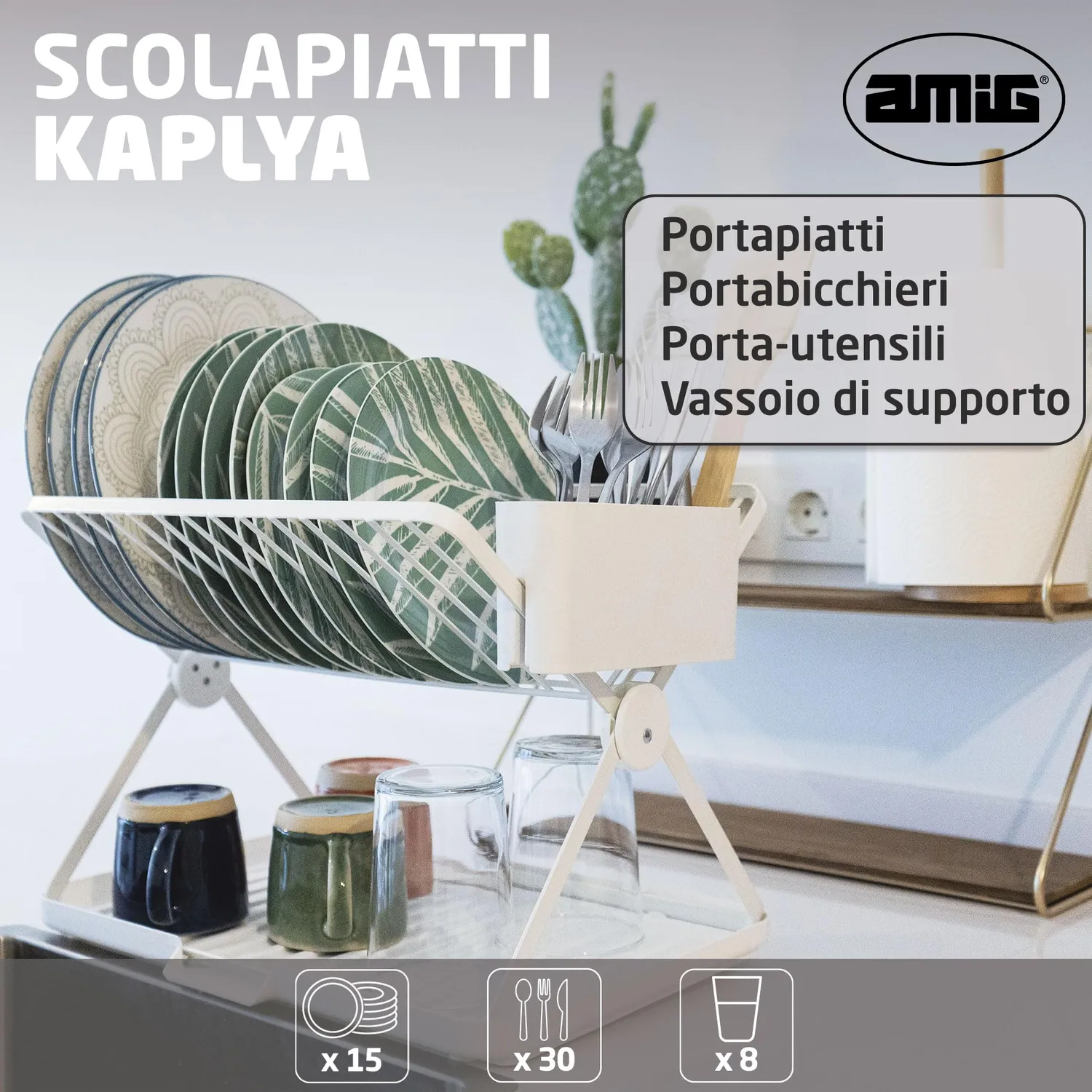 Amig Kaplya Scolapiatti Pieghevole Bianco 41,5 cm 12 Piatti
