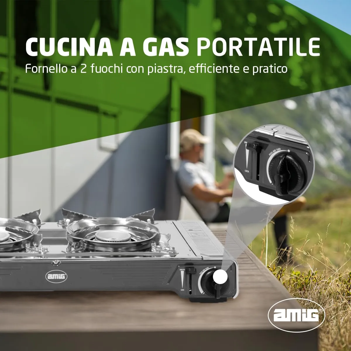 Amig CAMP02 fornello campeggio 2 fuochi con piastra 2x2,2 kW