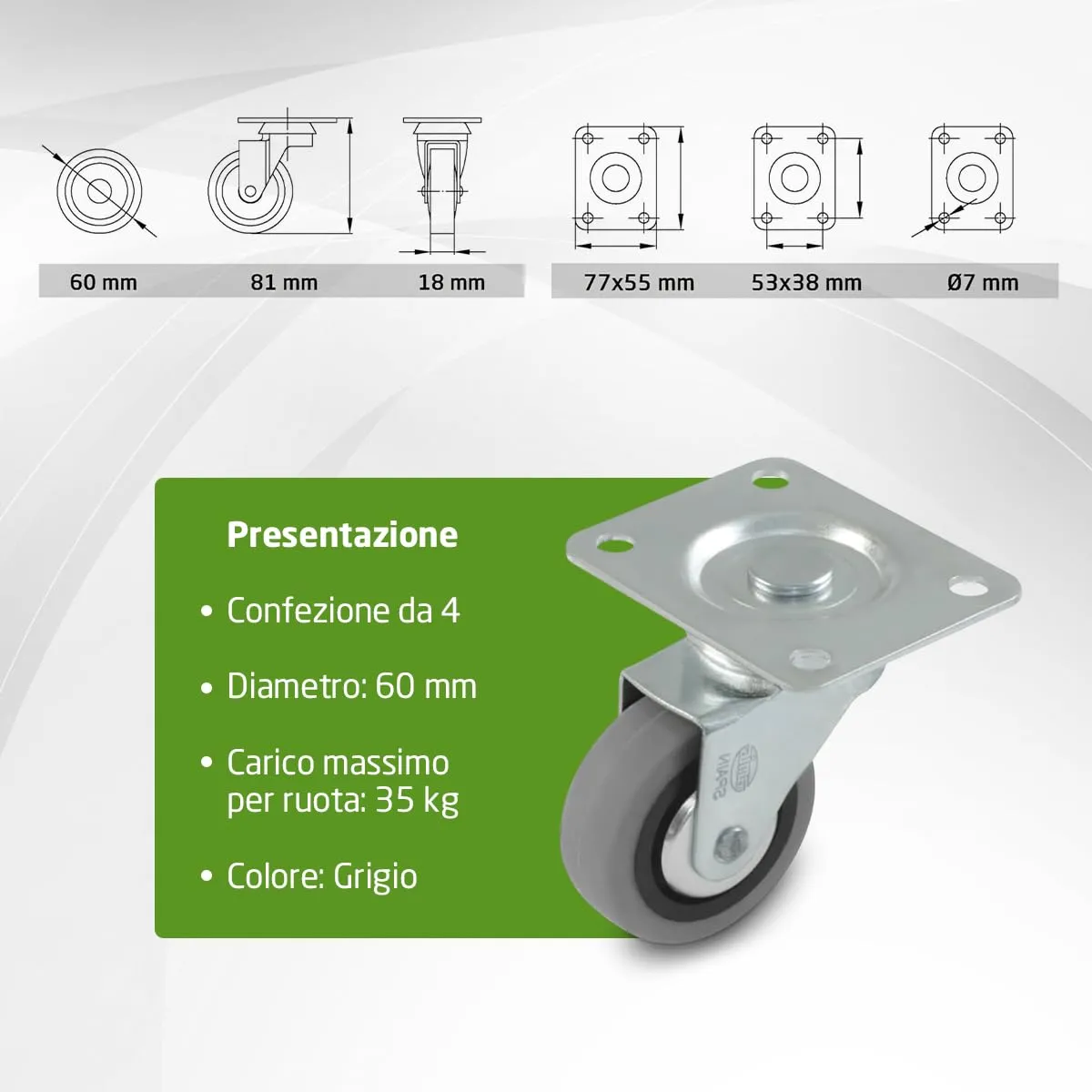 Amig Ruote Mobili Gomma Ø60mm Set 4pz 35kg Senza Freno