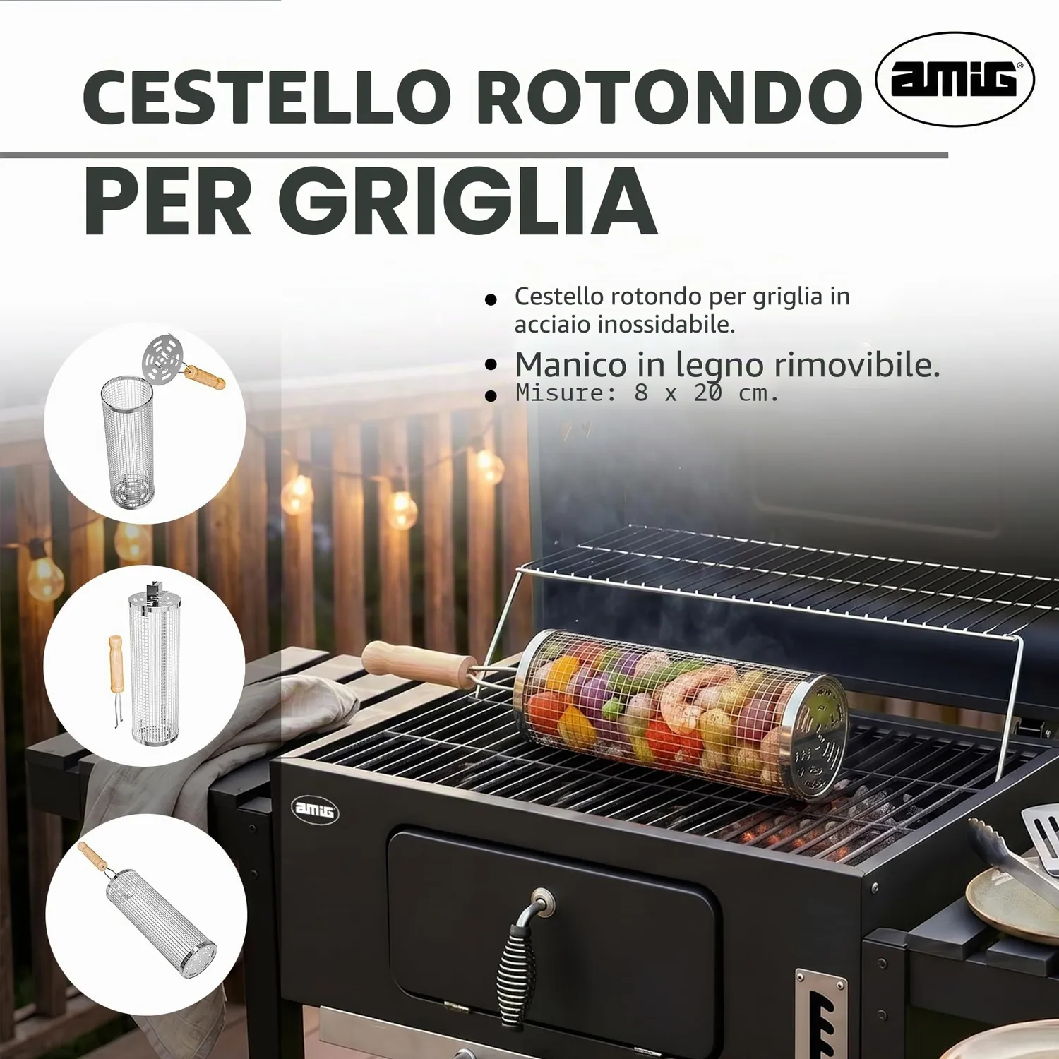 Amig AM28 Cesta Barbecue Rotonda 8x20 cm Inox Legno