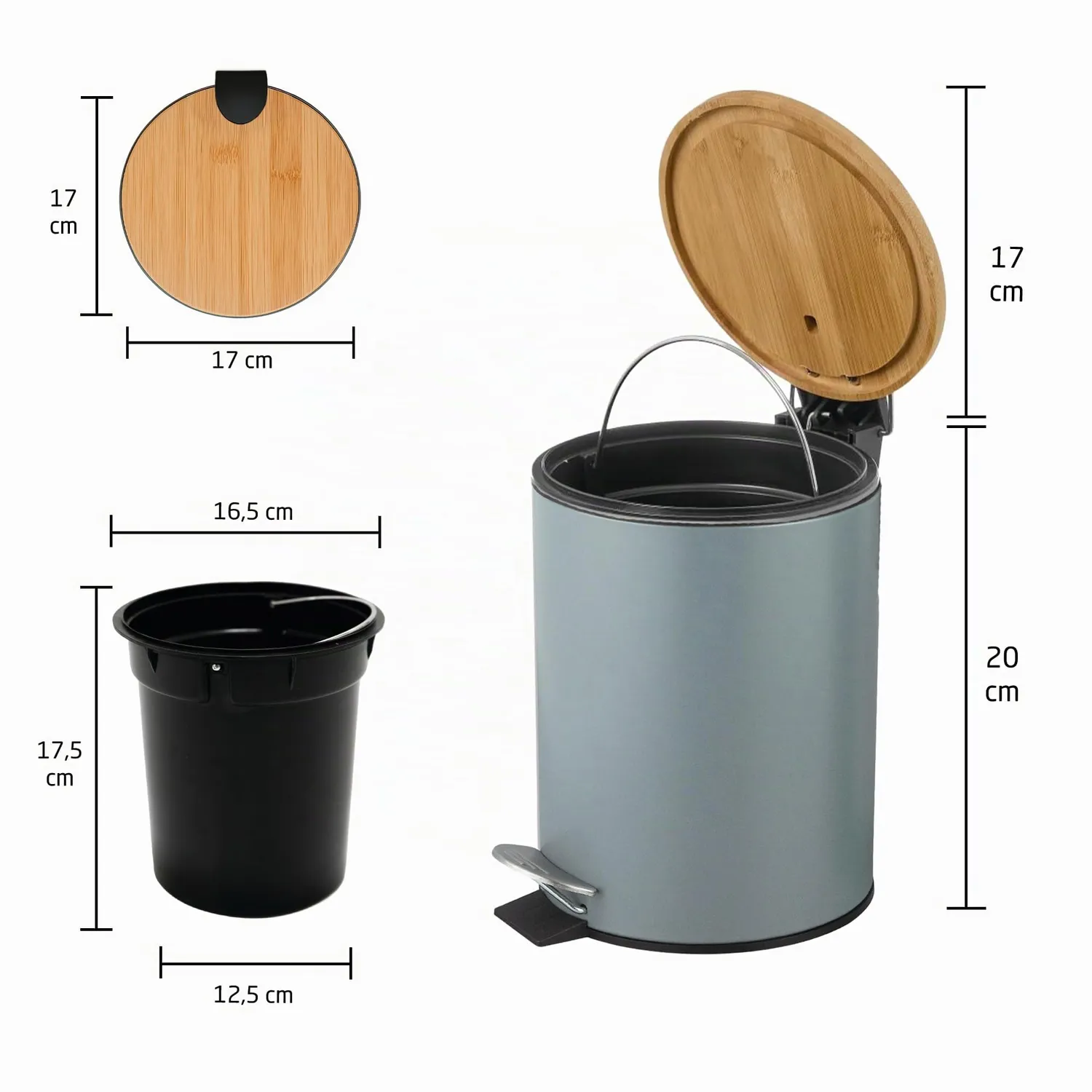 Amig Naturline pattumiera bagno 3 litri grigia con bambù
