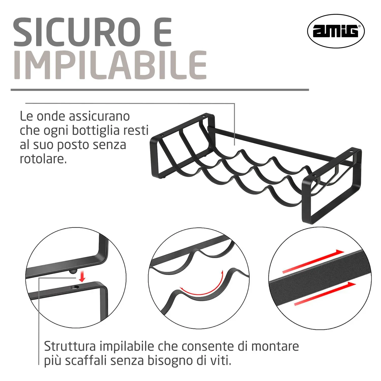 Amig Portabottiglie Acciaio Nero 4 Bottiglie 41x20,5 cm